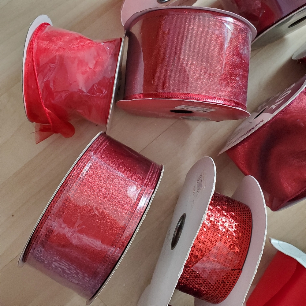 Red Ribbon Bundle Lot, Types Metallic, Sheer, Satin, Velvet Gift Wrapping - Picture 6 of 12